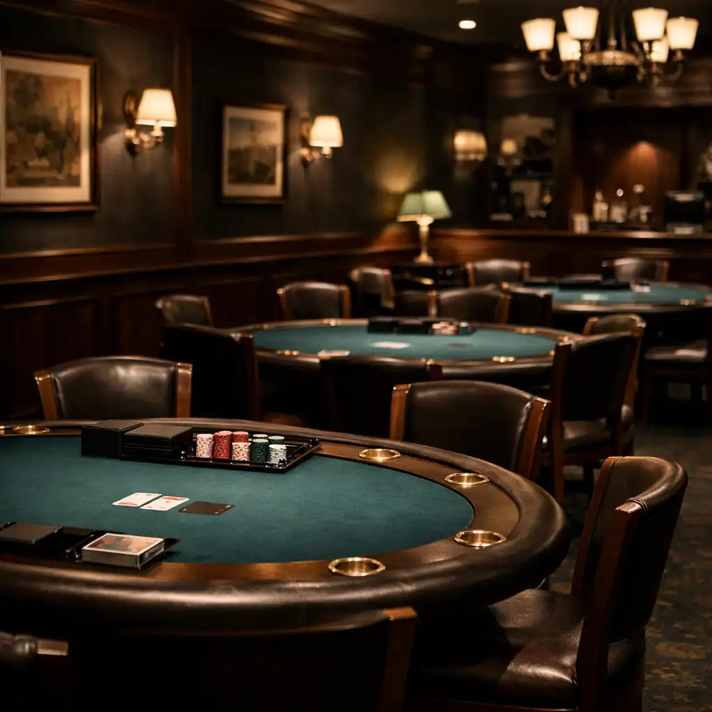 Sophisticated card room with dark timber paneling, multiple poker tables, and warm moody lighting