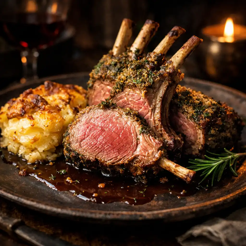 Herb-crusted lamb rack with rosemary jus and potato gratin on a rustic dark plate