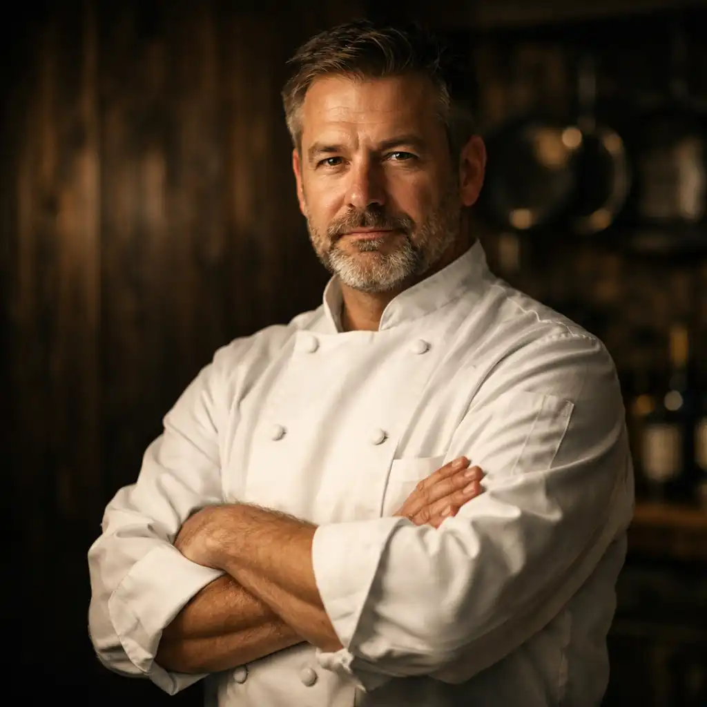 Chef Elena Marchetti in a dark kitchen wearing a white chef coat