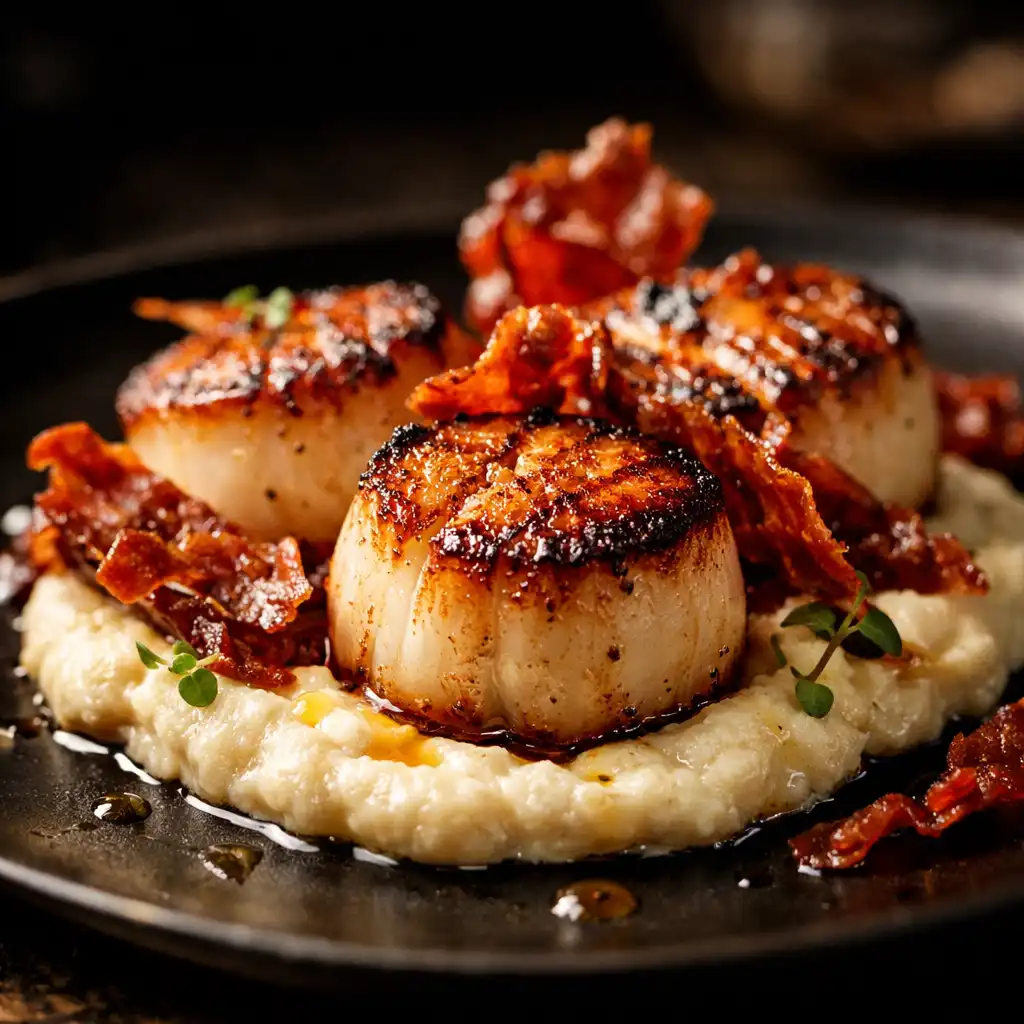 Seared scallops with cauliflower purée and crispy prosciutto on a dark plate