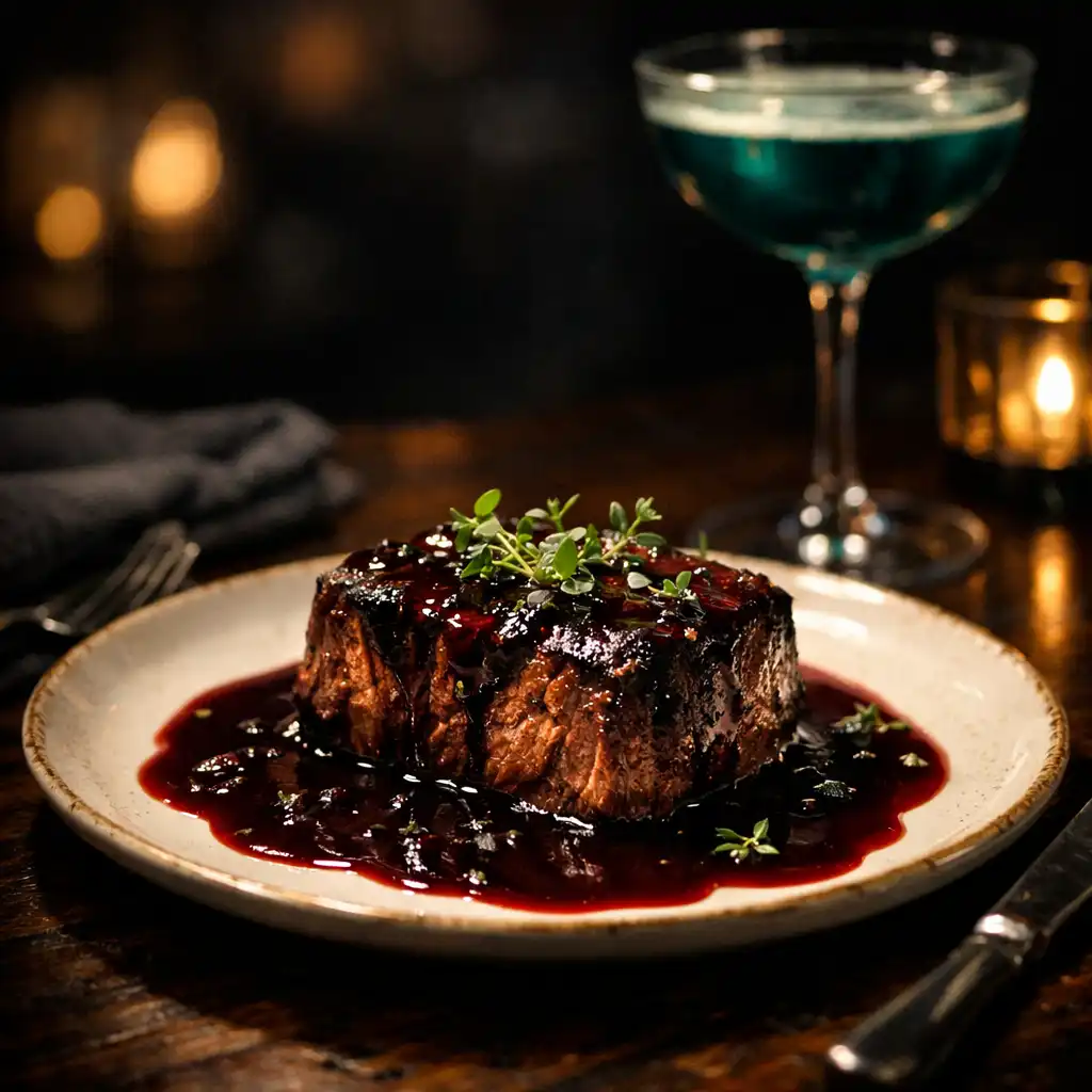 Gourmet dish on a dark timber table with a burgundy wine reduction and teal cocktail
