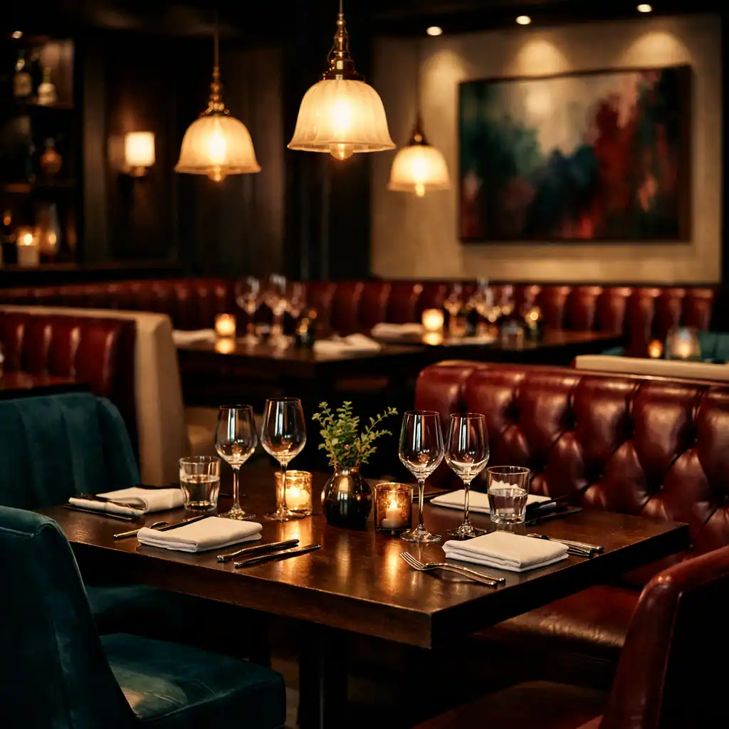 Premium dining room with dark timber tables, leather booths, and warm pendant lighting