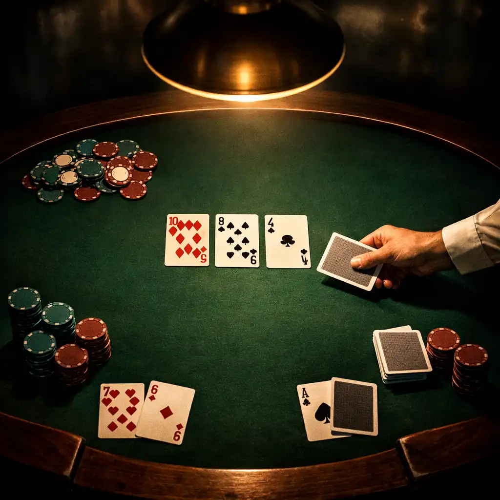 Overhead view of a Texas Hold'em poker table with chips and cards in a moody lounge