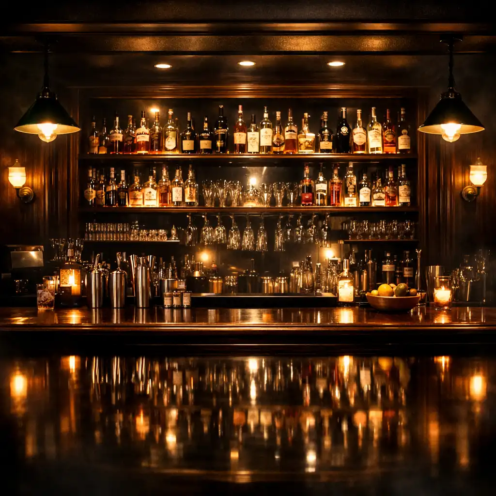 Dark timber bar with polished surface, glassware, and premium spirits