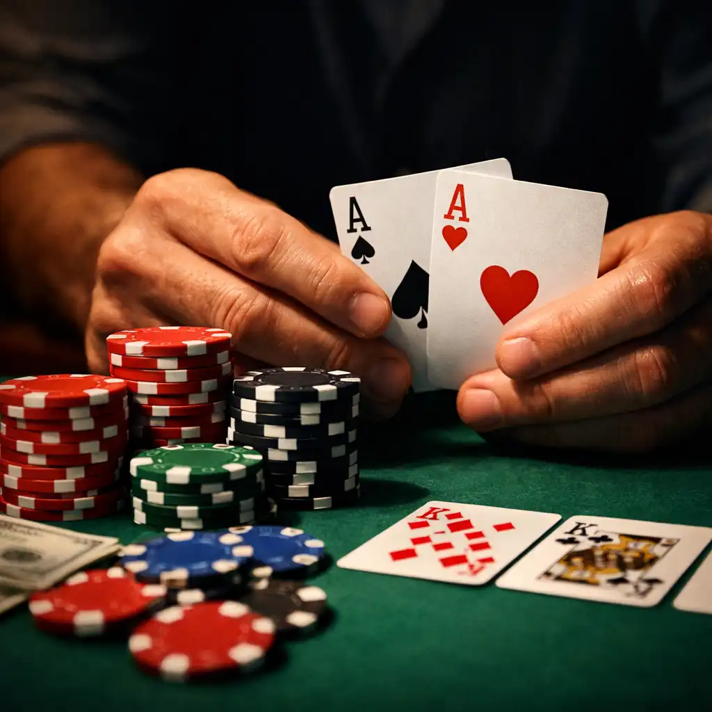 Close-up of a poker hand with cards and chips on the table