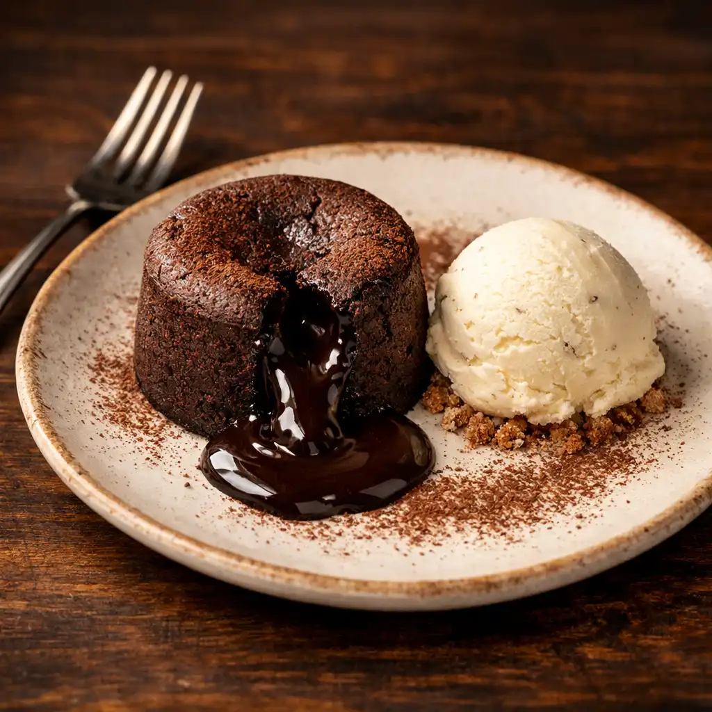 Chocolate fondant dessert with vanilla ice cream and cocoa dusting