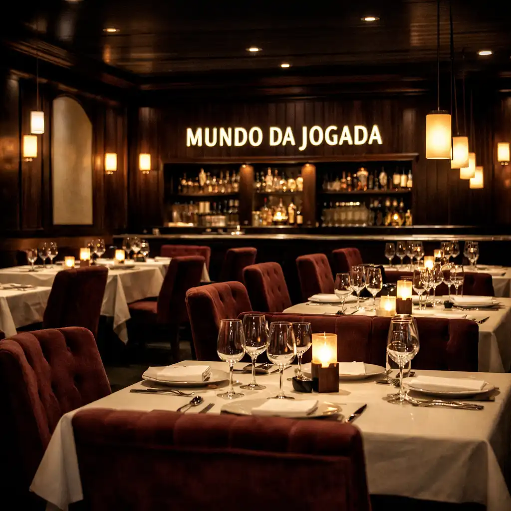Moody restaurant interior with dark timber, warm ivory accents, and elegant dining tables