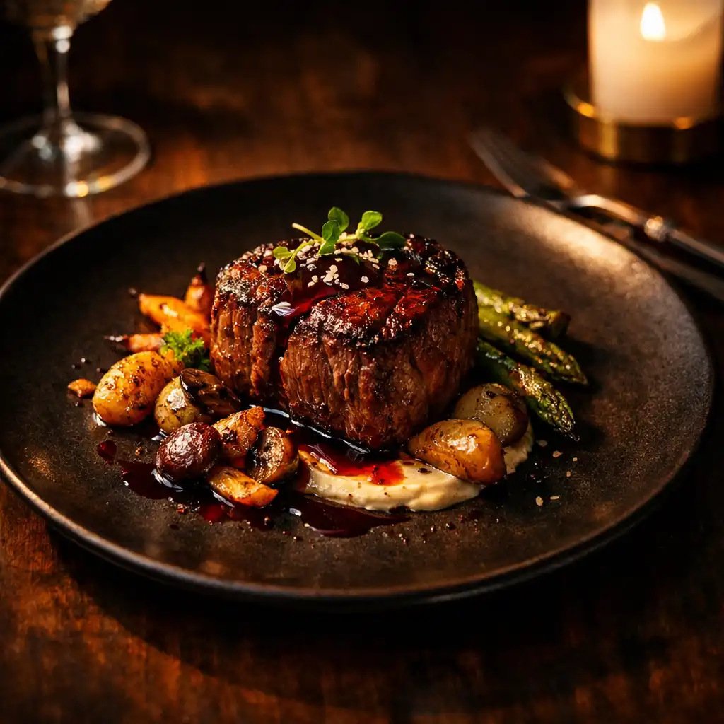 Elegant gourmet dish with seared steak and roasted vegetables on a dark ceramic plate in a dimly lit restaurant