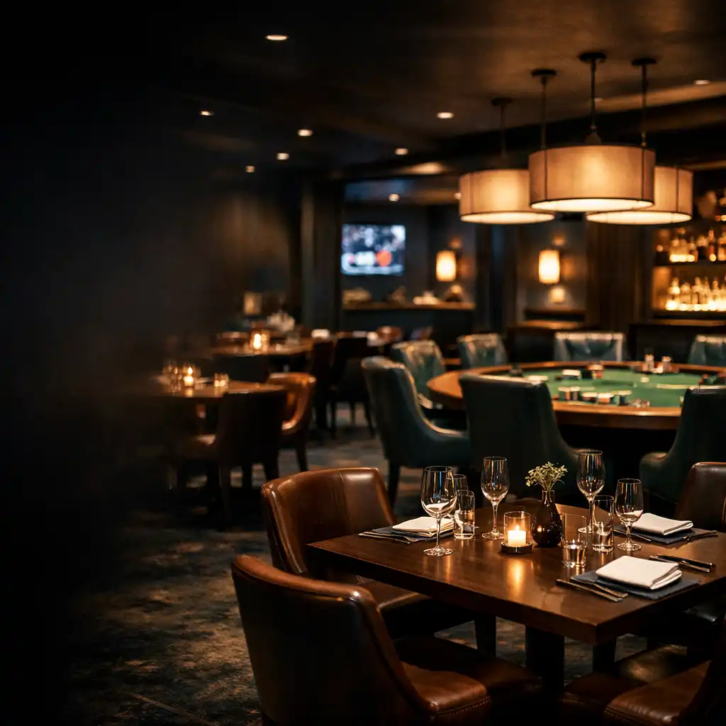 Moody interior of the Mundo Da Jogada restaurant and poker lounge with dark timber tables and leather chairs