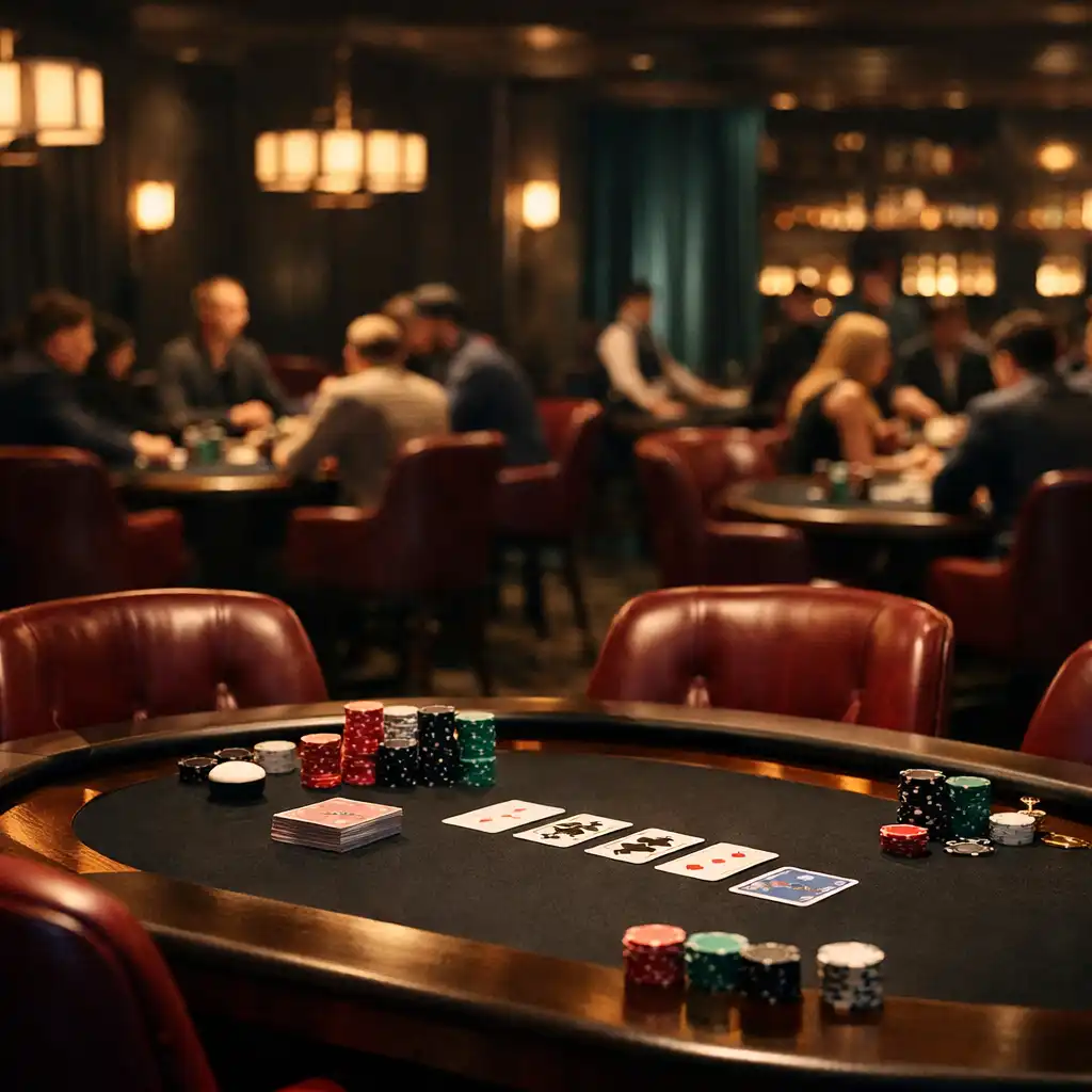 Wide shot of the poker lounge interior with several poker tables, charcoal walls, warm ivory lighting, and burgundy chairs