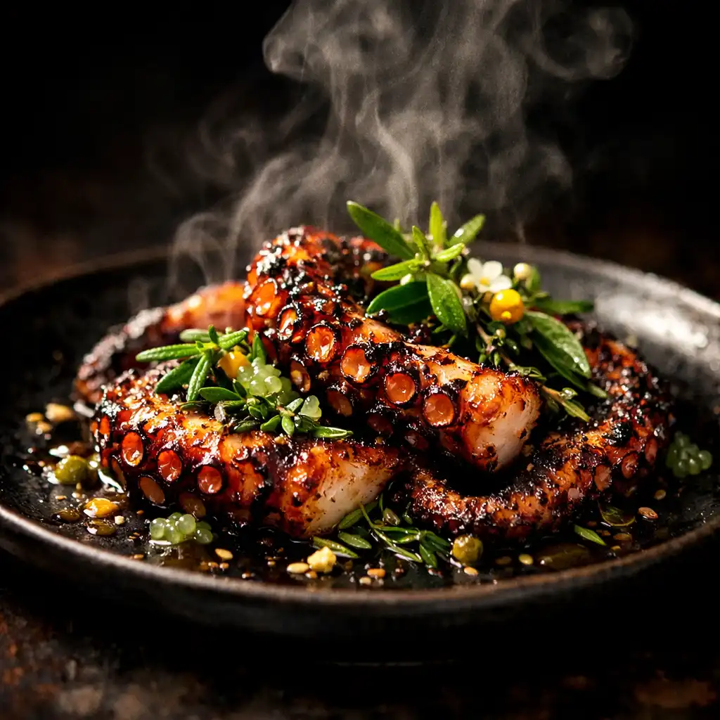Chargrilled octopus with native herbs on a dark ceramic plate
