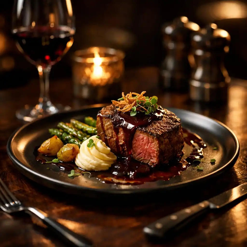 A premium plated dish on a dark wooden table with moody lighting in the Mundo Da Jogada dining room