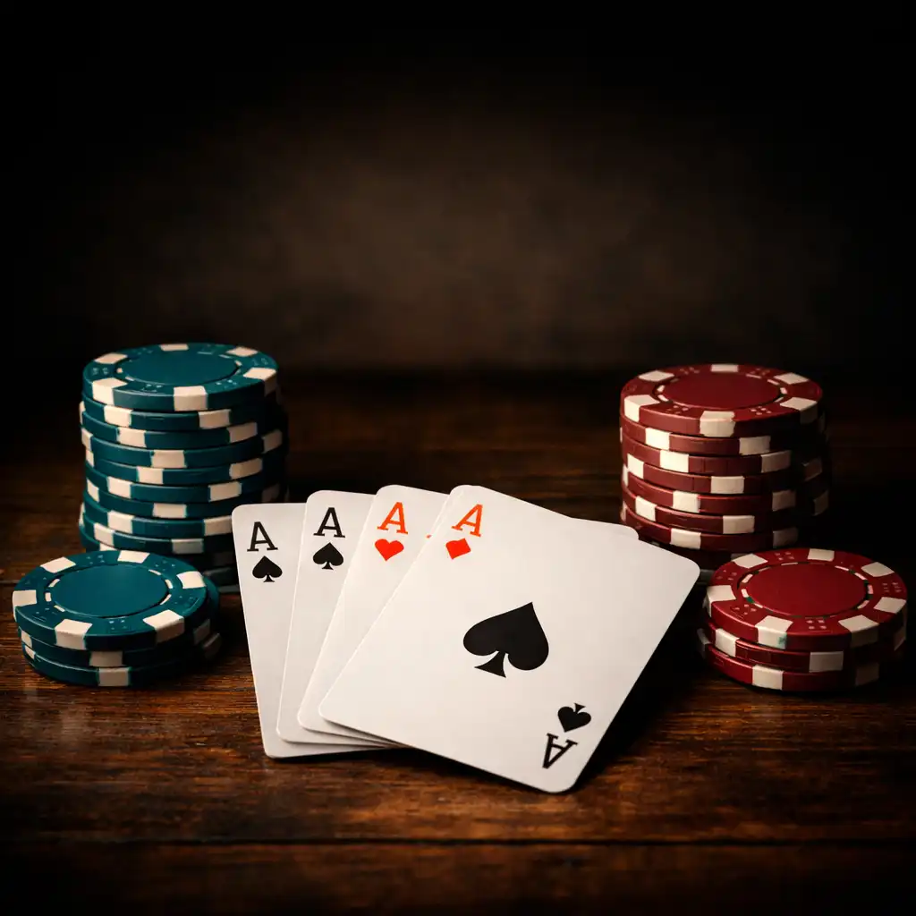 Poker chips and playing cards arranged on a dark timber table