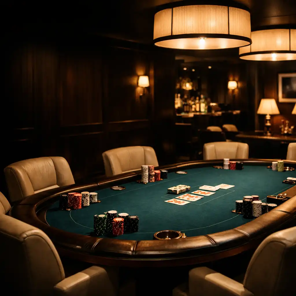 Moody poker lounge interior with a deep teal poker table, chips, and playing cards under warm lighting