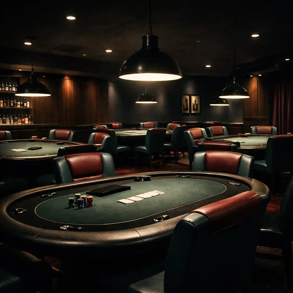 Dedicated poker lounge with professional poker tables, dark timber panelling, and low focused lighting