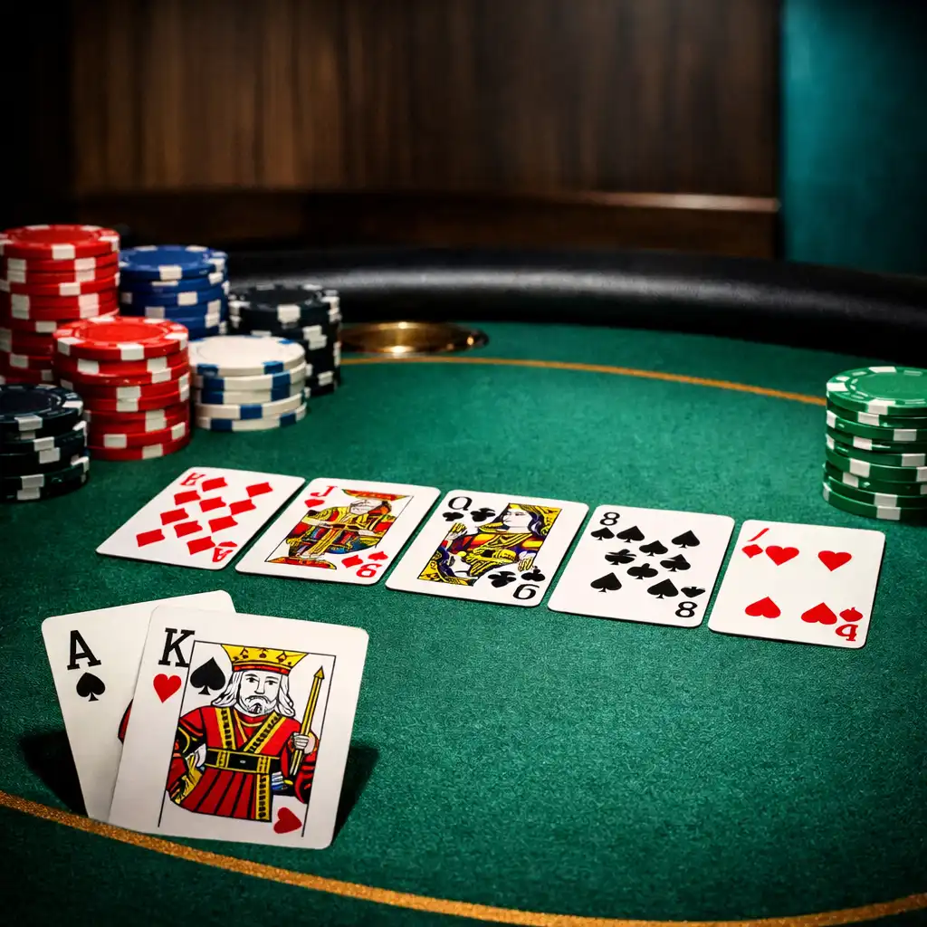 Professional poker table with green felt, premium chips, and playing cards under focused lighting