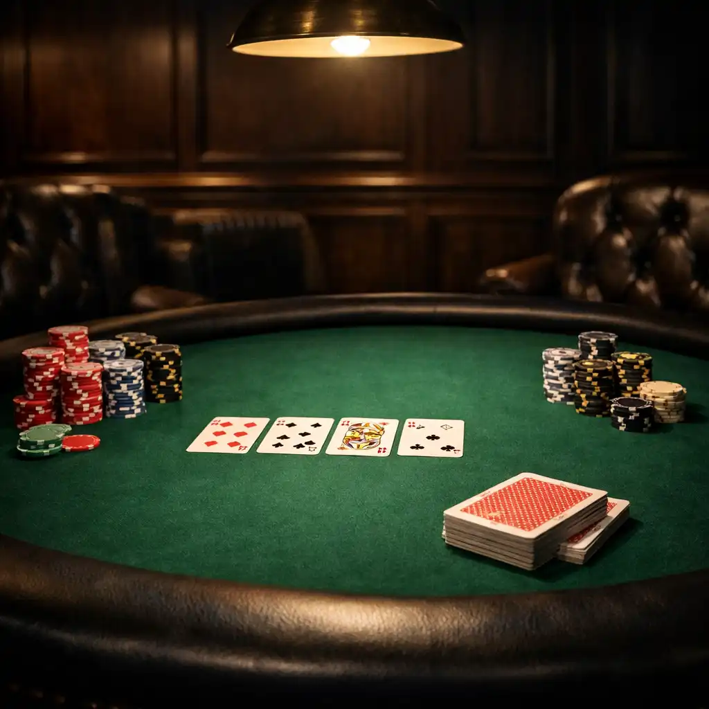 Professional poker table with clay chips and playing cards under moody lighting