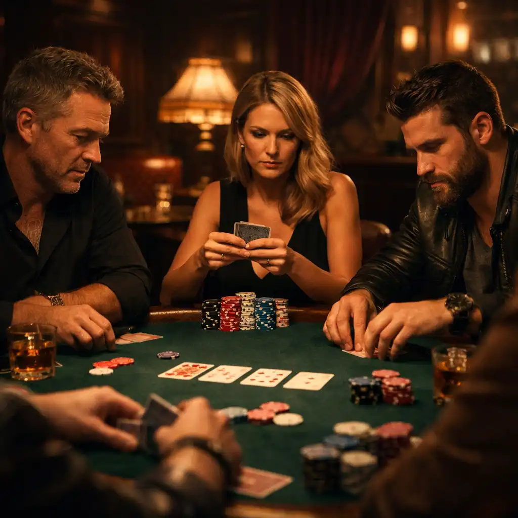 Group of people playing poker at a table in a dimly lit lounge