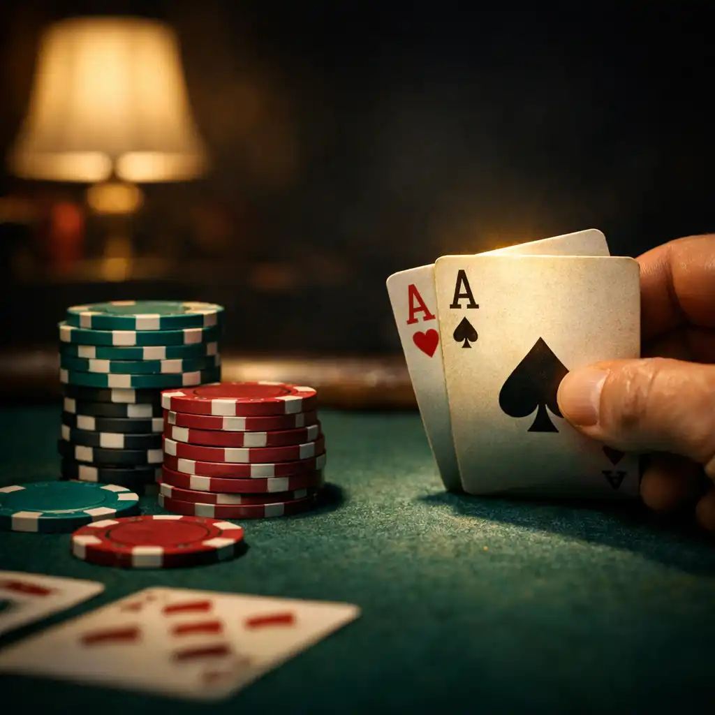 Close-up of a poker table with chips and cards under warm, moody lighting