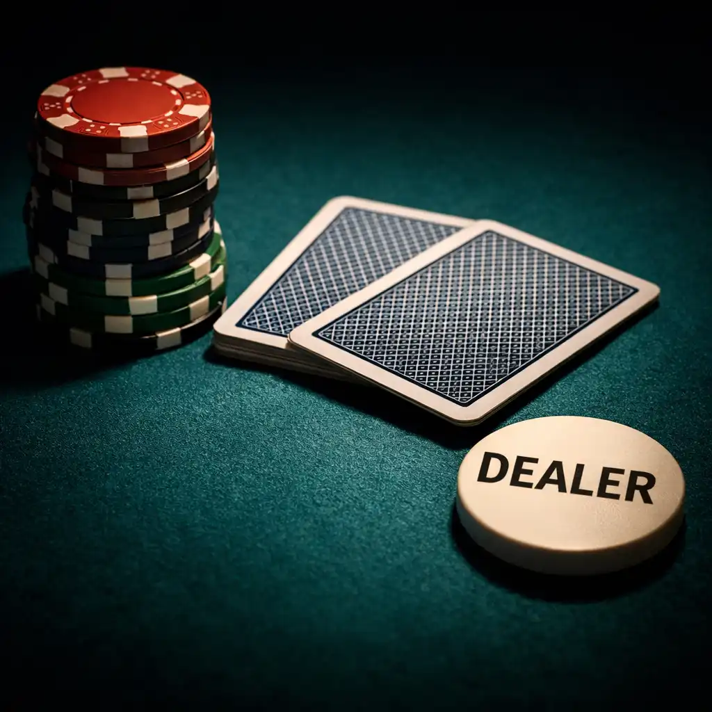 Close-up of poker chips and cards on a green felt table