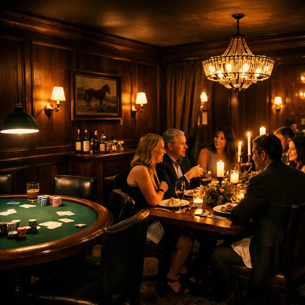 Wide shot of a private dining room with moody lighting, dark timber walls, and a poker table in the corner