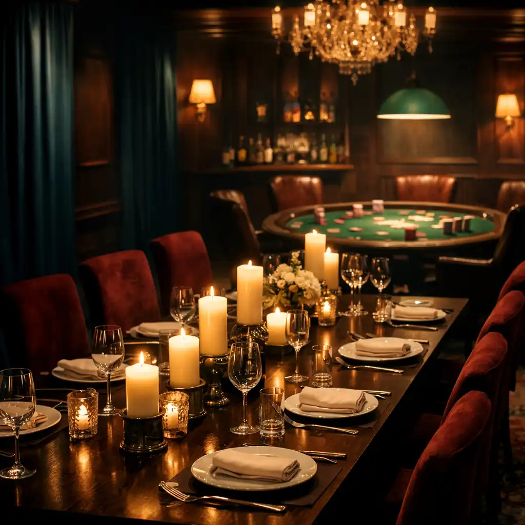 Cinematic private dining room with a dark timber table and a poker table in the background under moody lighting