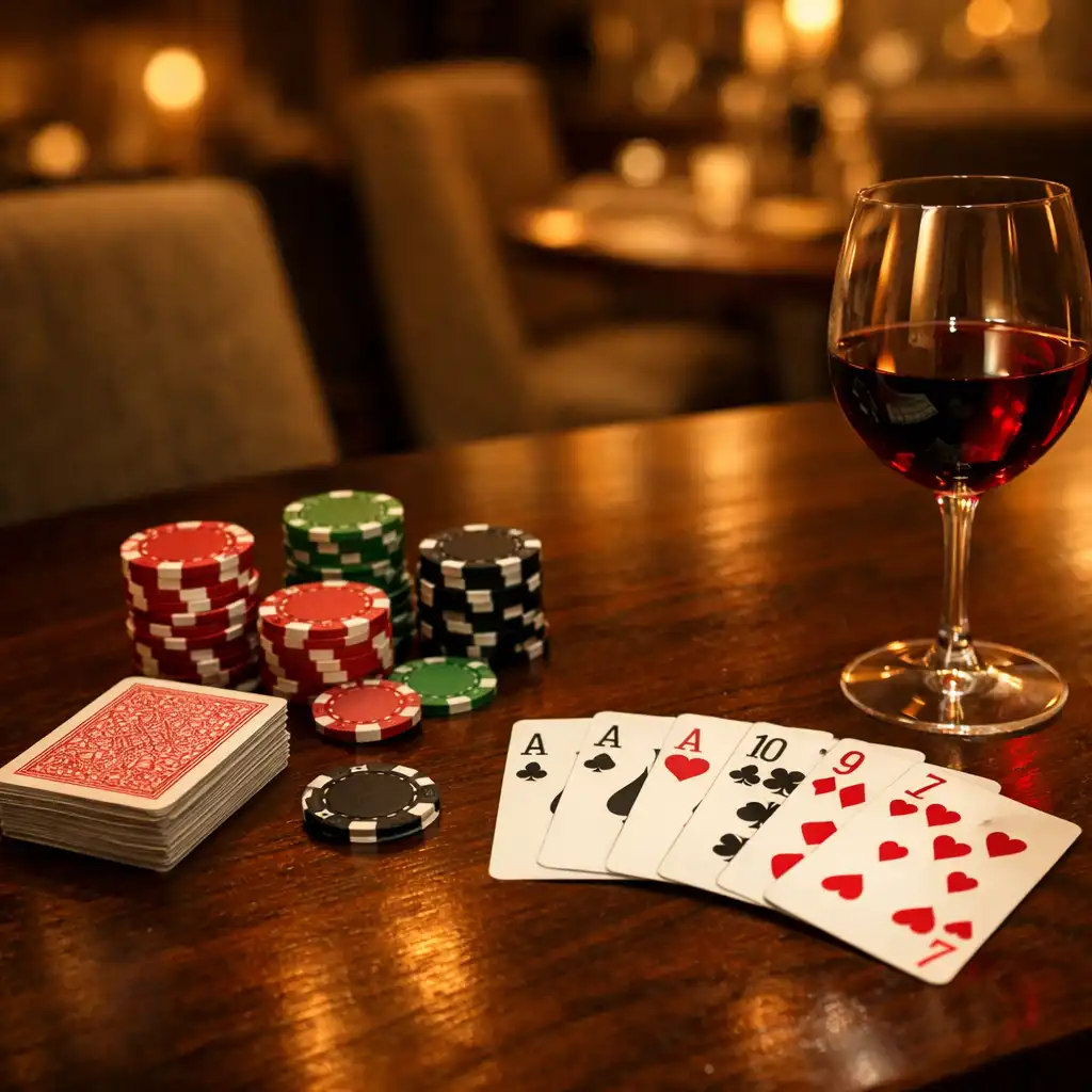 Close-up of a private dining table with playing cards, poker chips, and a glass of red wine