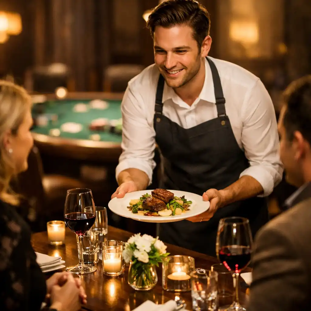Server presenting a dish to guests at a private dining table with warm lighting