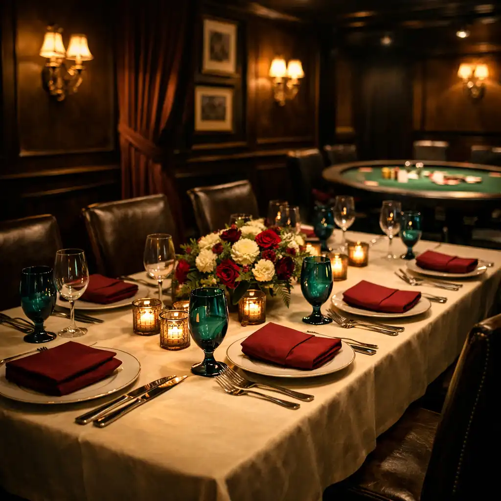 Elegant private dining table with burgundy napkins and teal glassware, with a poker table visible in the background