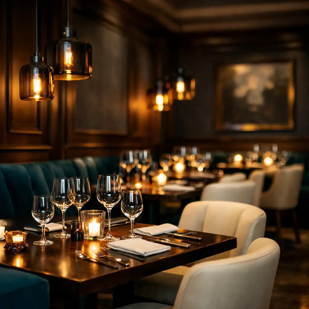 Elegant restaurant interior with dark timber paneling and moody pendant lights