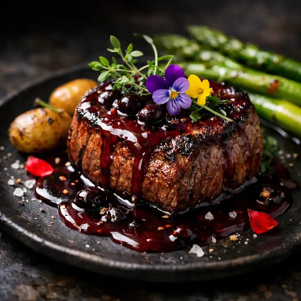 Beautifully plated seared steak with red wine reduction and fresh herbs