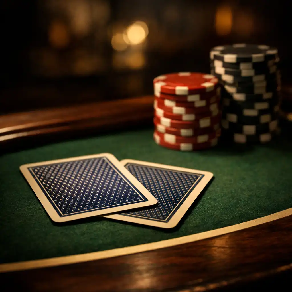Two playing cards face down on a poker table with a stack of chips