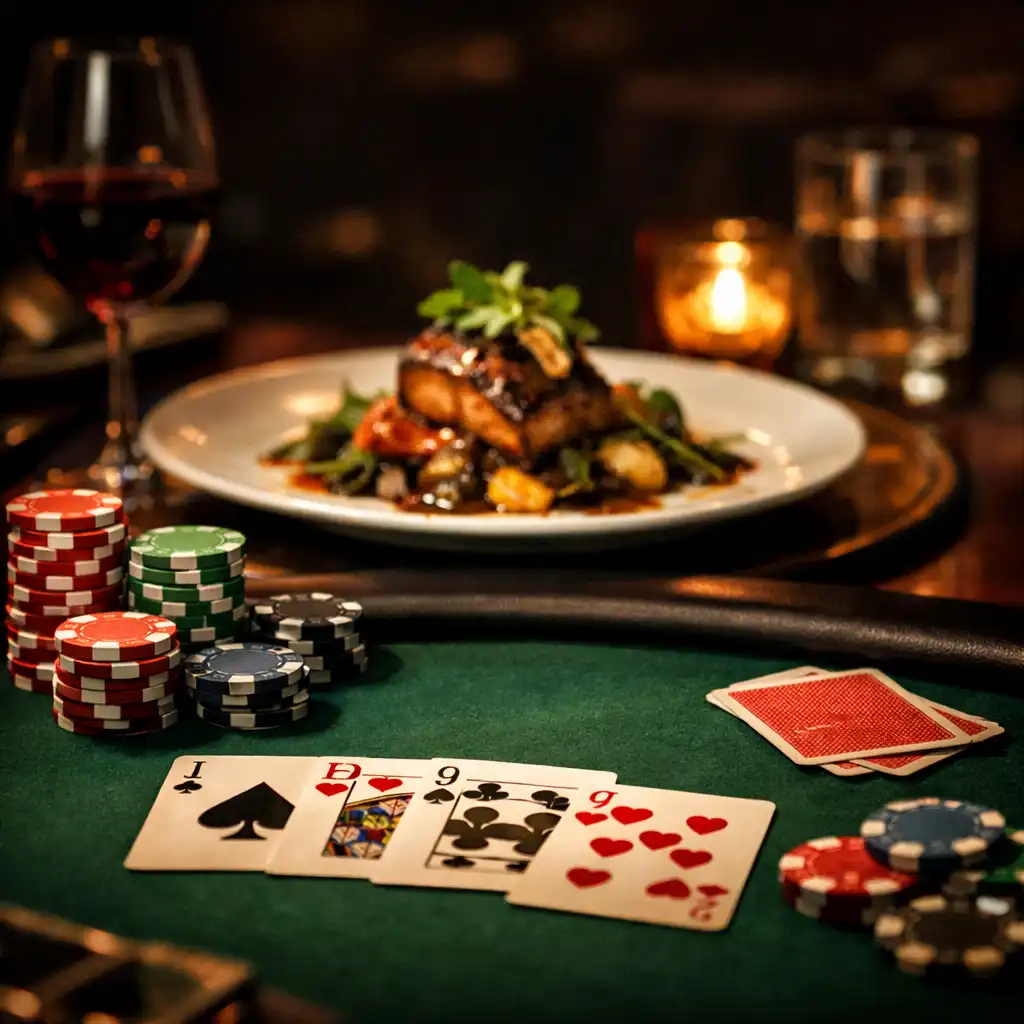Poker table with chips and cards in the foreground, plated dish softly blurred behind